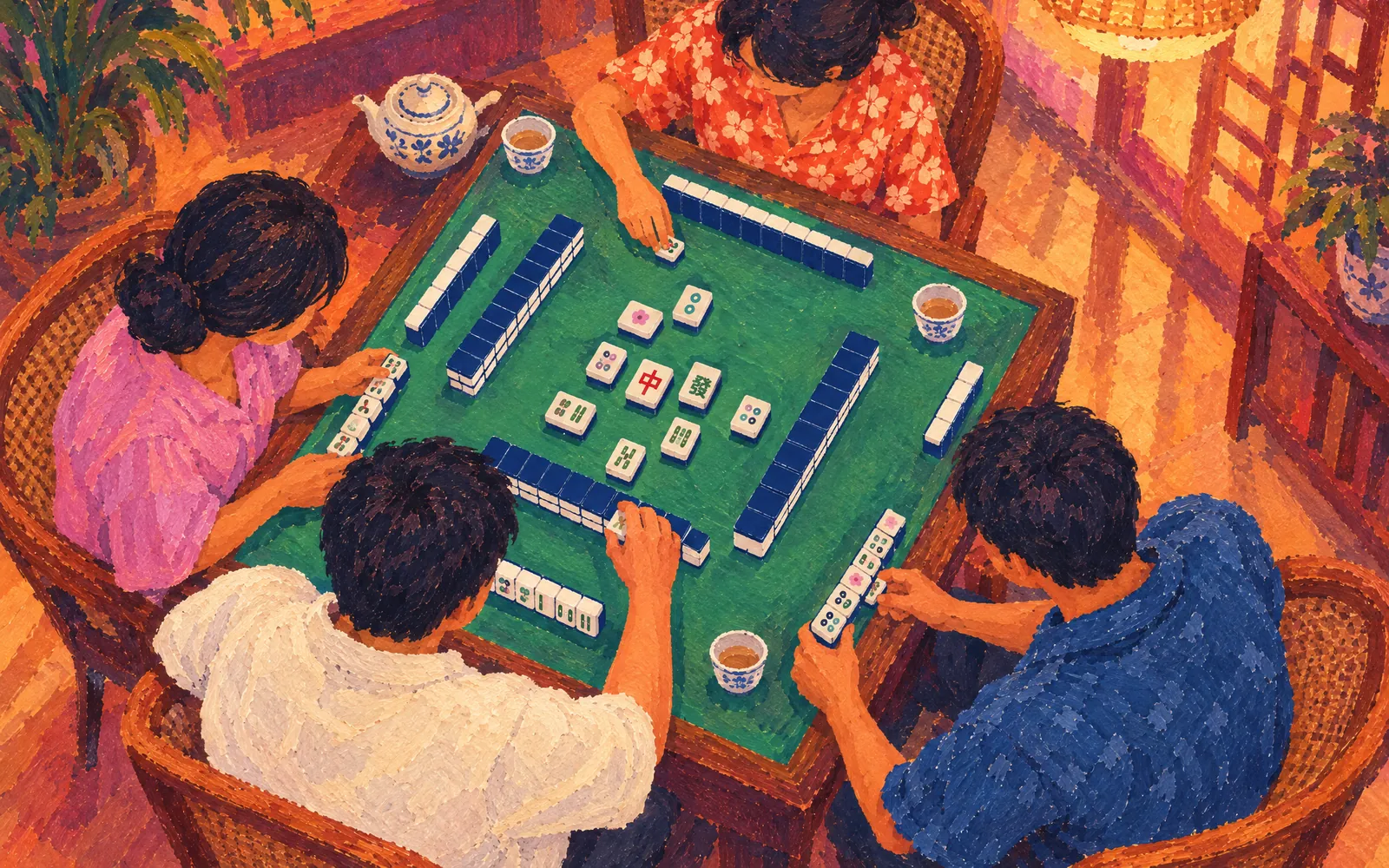 Illustration: four players at a mahjong table, tiles face down