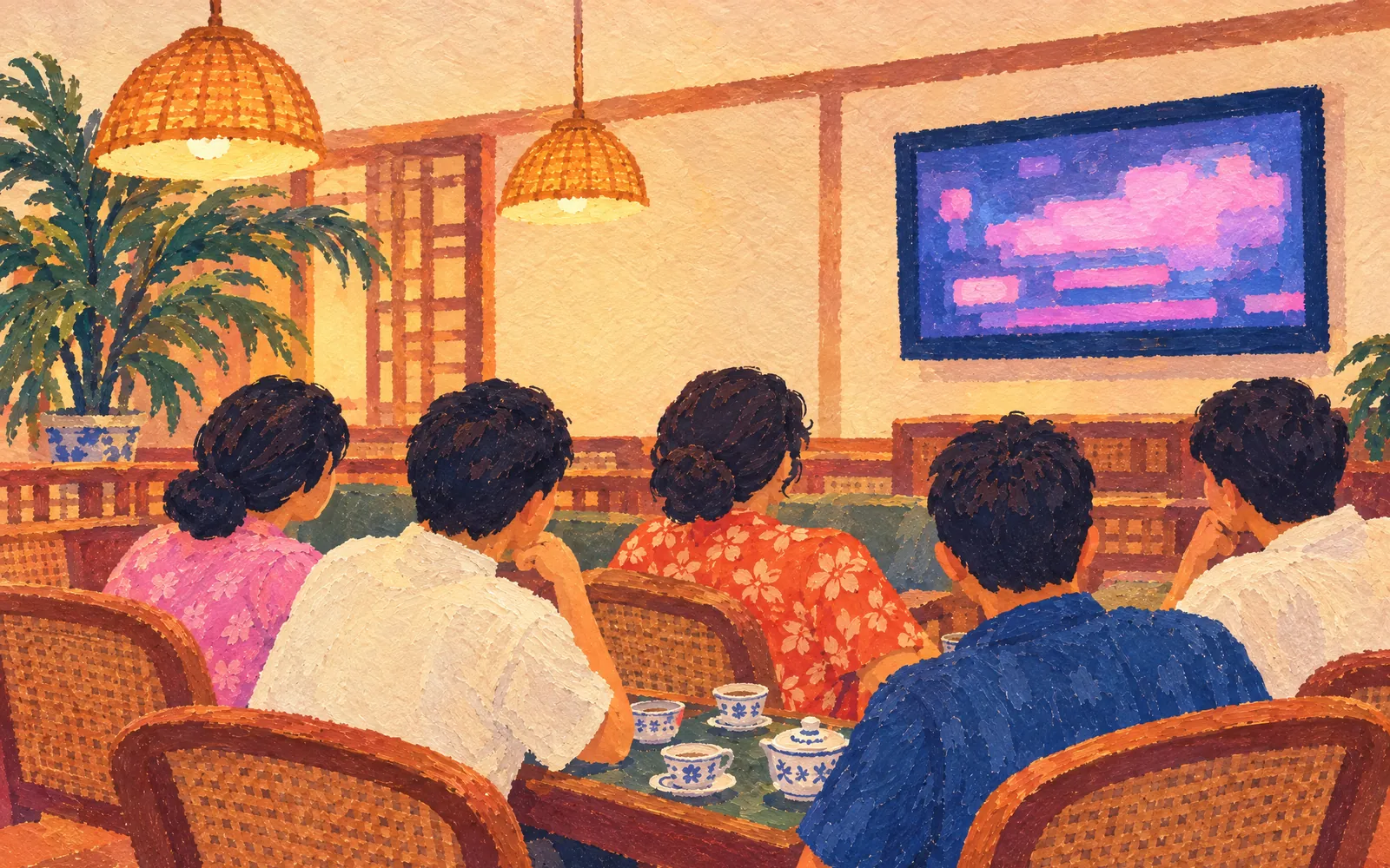Illustration: a wall screen showing the Majoy leaderboard above the tables